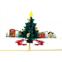 Handmade 3D Pop Up Christmas Card Merry Xmas Tree Town Square Seasonal Greetings Blank Card Celebrations Card